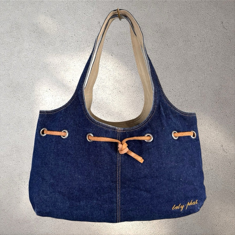 Vtg Y2K Baby Phat Denim Top Handle Shoulder Tote Rectangle Bag Leather Tie